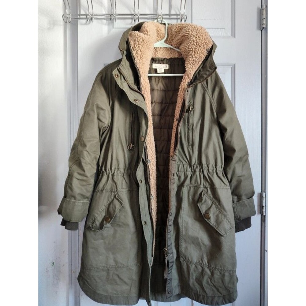 HM H&M logg utility parka heavy winter jacket sherpa women's khaki green 10 L